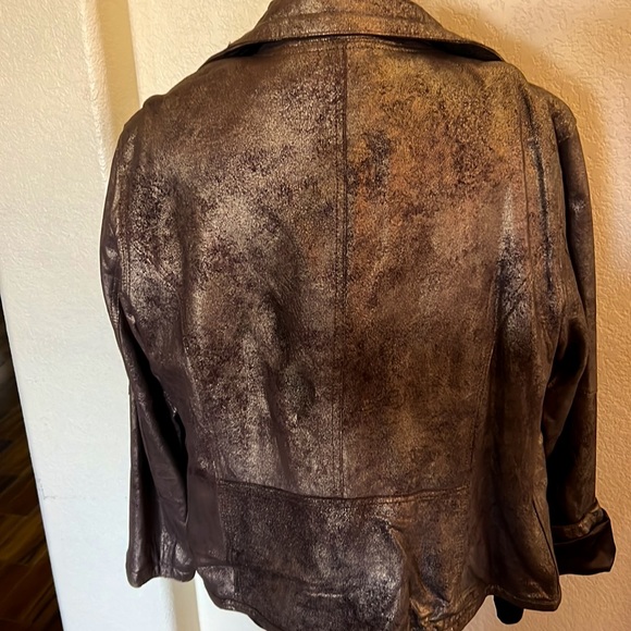 Leather Bomber Jacket, NWT, slightly metallic with worn look, Chico’s sz3, large - Picture 7 of 13